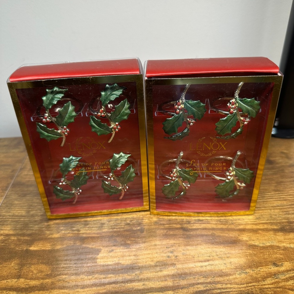 Lenox Holiday Holly and Berry Napkin Rings Gold Tone Enameled Set of 8 7156